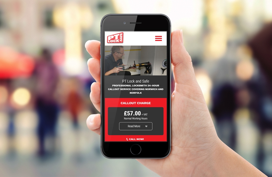 New PT Lock and Safe website shown on a mobile phone